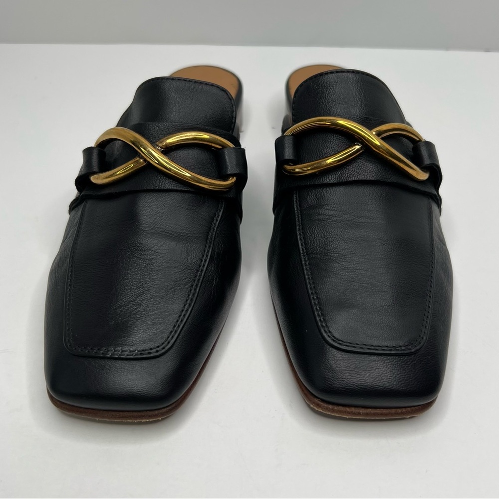 M. Gemi Black Leather Mule Slides with Gold Chain Accent - Picture 2 of 15